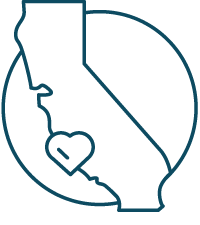 Icon of California with a heart in the center, indicating products made in California.