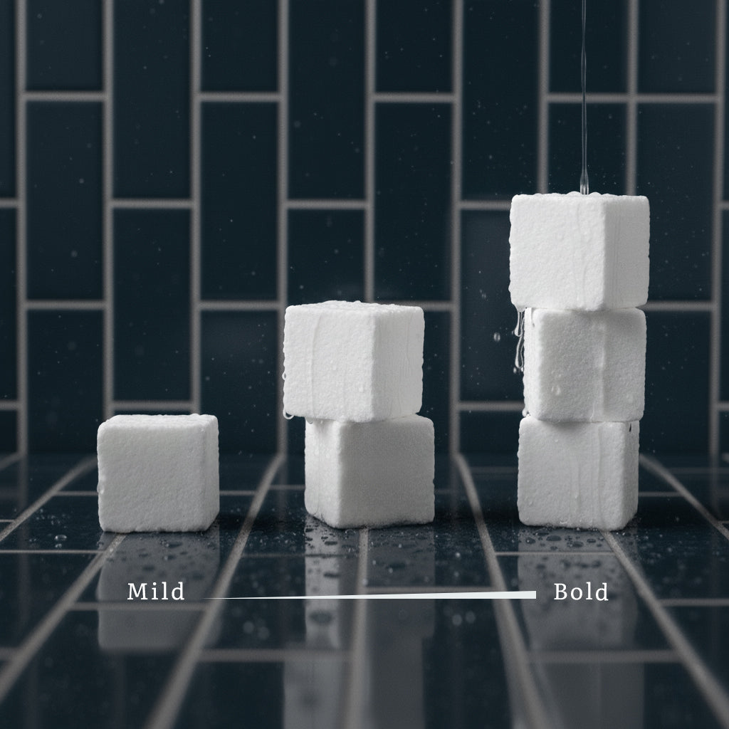 Stacks of shower steamer cubes with aromatherapy strength scale labeled 'Mild' with a single steamer cube to 'Bold' with three steamer cubes on a dark blue tiled surface.