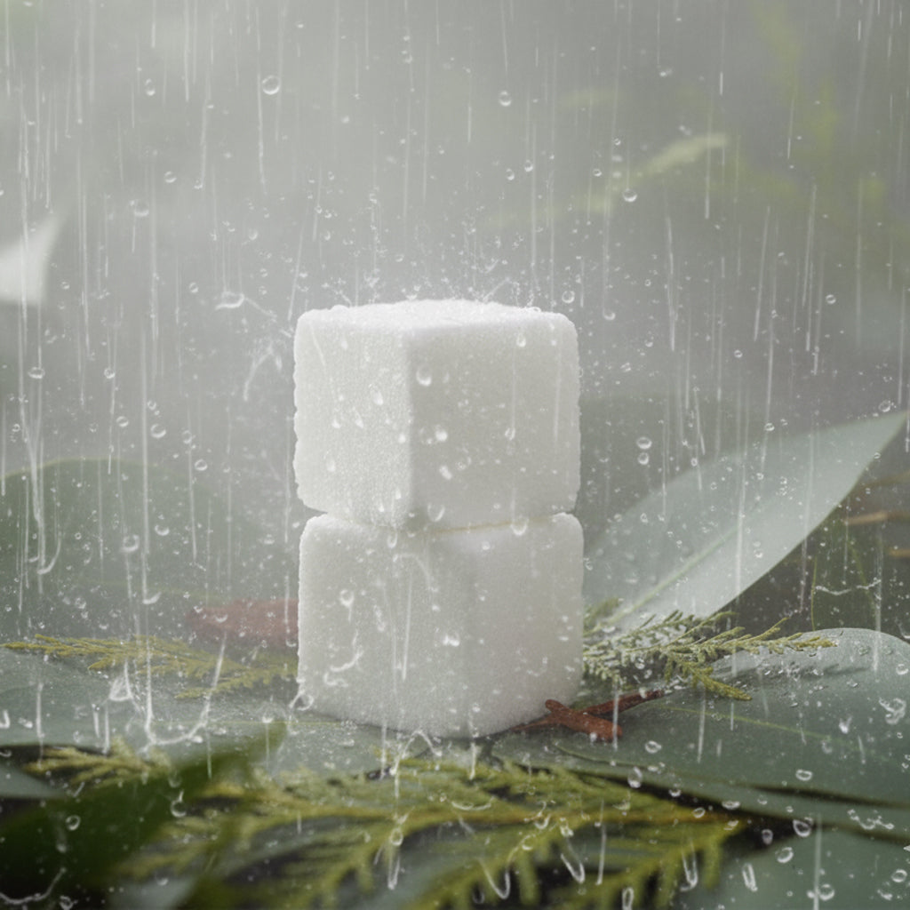 Two stacked shower steamer cubes on a leaf with water droplets falling around them.
