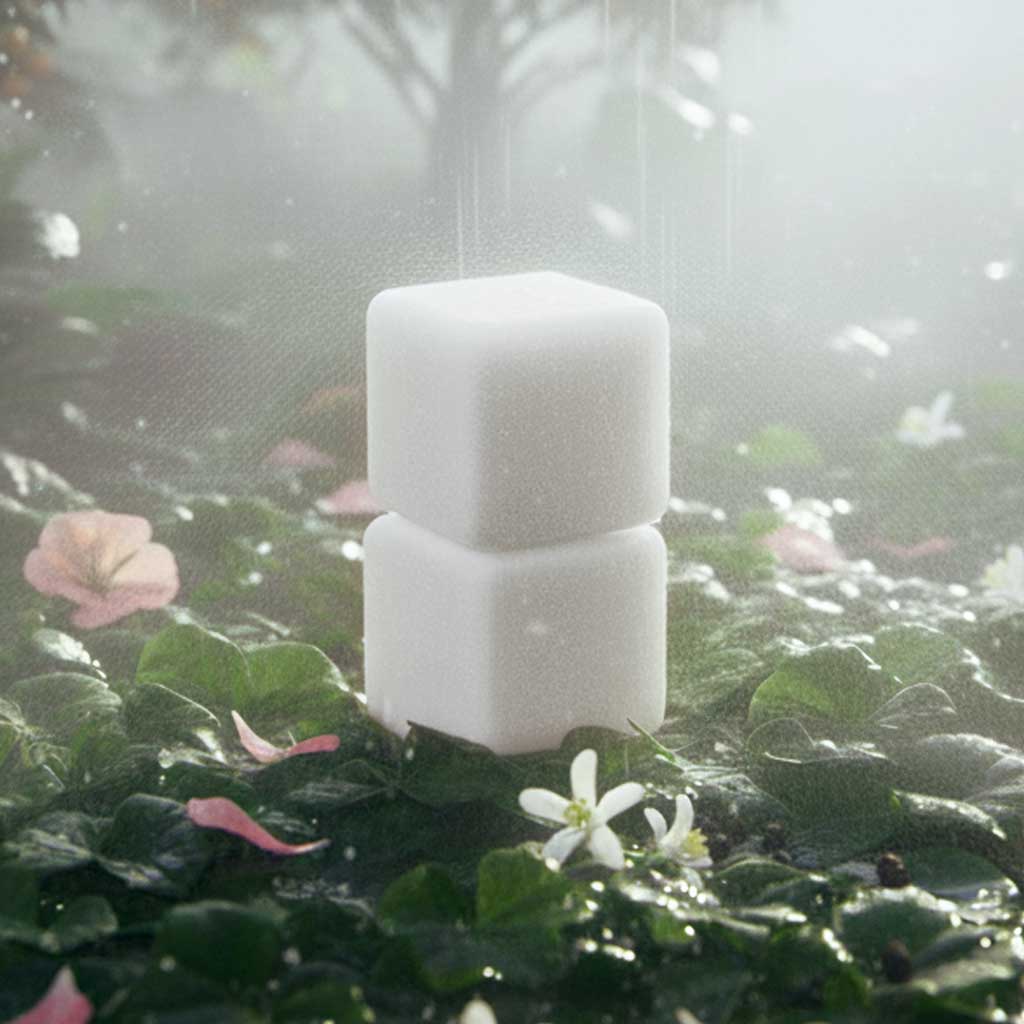 Two shower steamers stacked on a green leafy background with flowers.