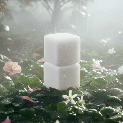 Two shower steamers stacked on a green leafy background with flowers.