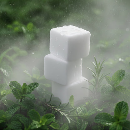 Stack of three shower steamers in a lush green garden with water drops