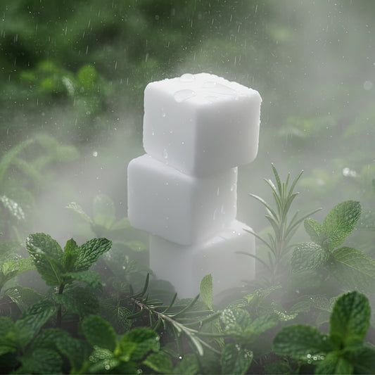 Stack of three shower steamers in a lush green garden with water drops